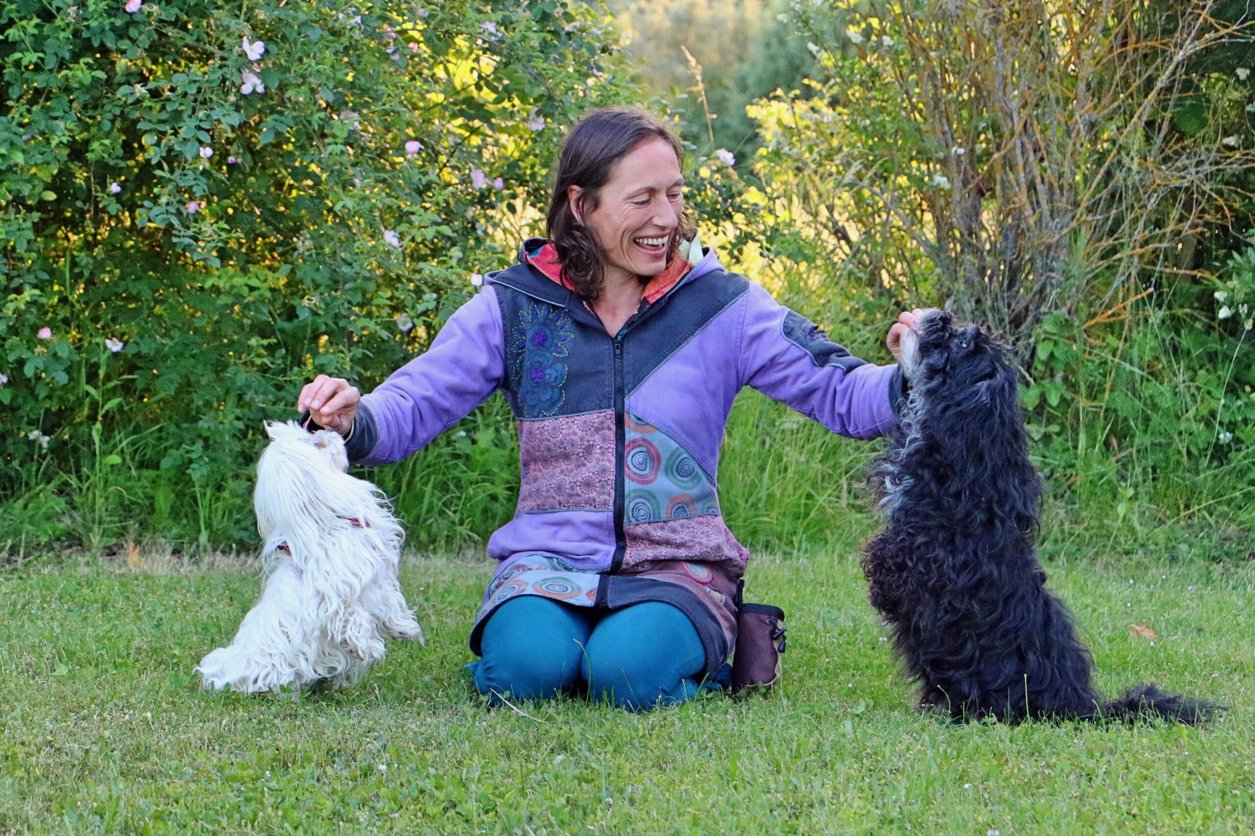Evelyn Löhnert mit ihren Hunden Amore und Amy – Gründerin von creations4love - kreatives Upcycling & Stickdesign